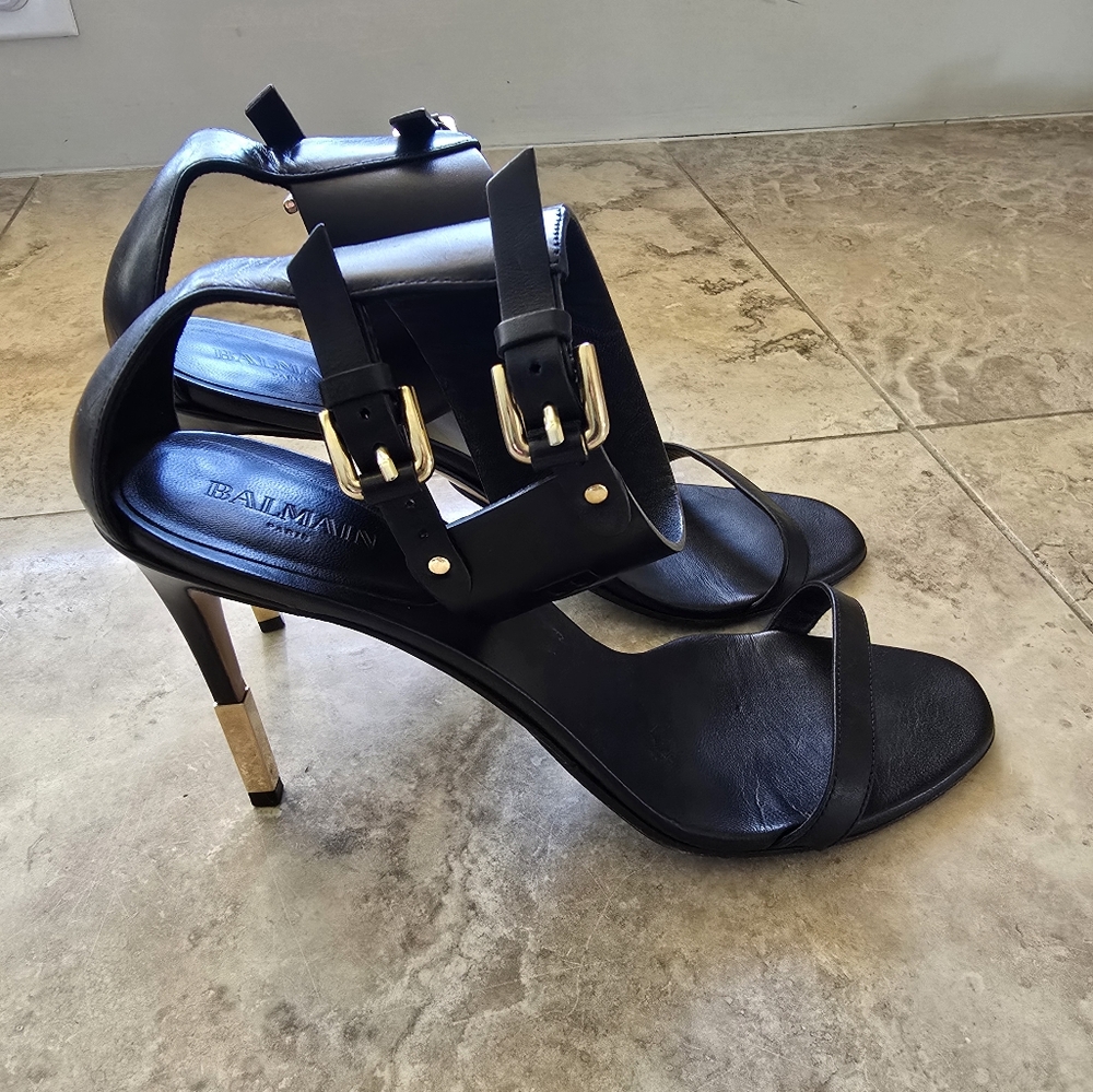 Balmain Black Leather Gold-Accent Stiletto Heels